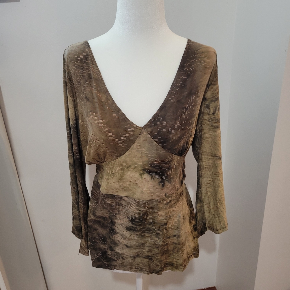 Y2k Siren Lily Green And Brown Fairycore Fairy Boho Hippie V Neck Top | L